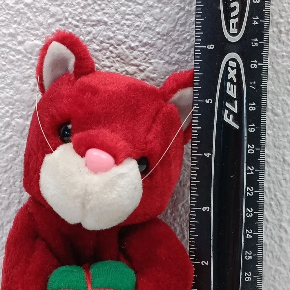 Red Plush Cat Holding Gift Sitting Stuffed Lux Fur Vintage Holding Gift